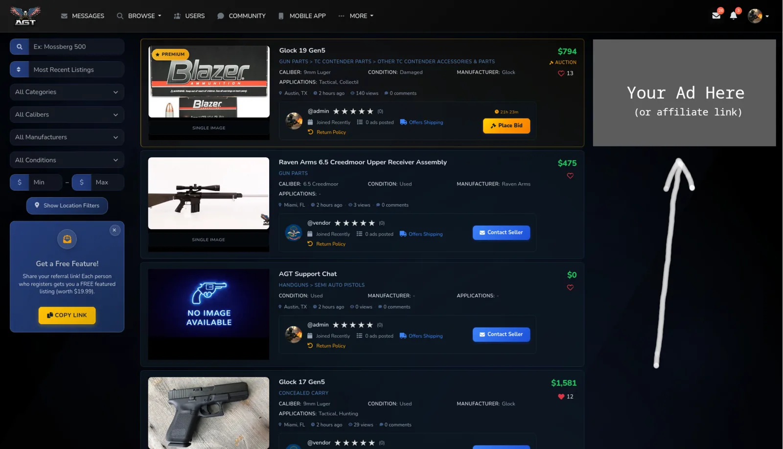 Sponsored ad placement on the American Gun Trader listings page, shown beside live firearm listings