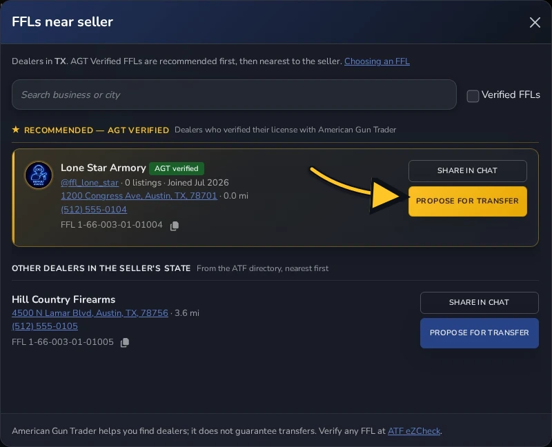 FFL picker with an arrow pointing to Propose for transfer