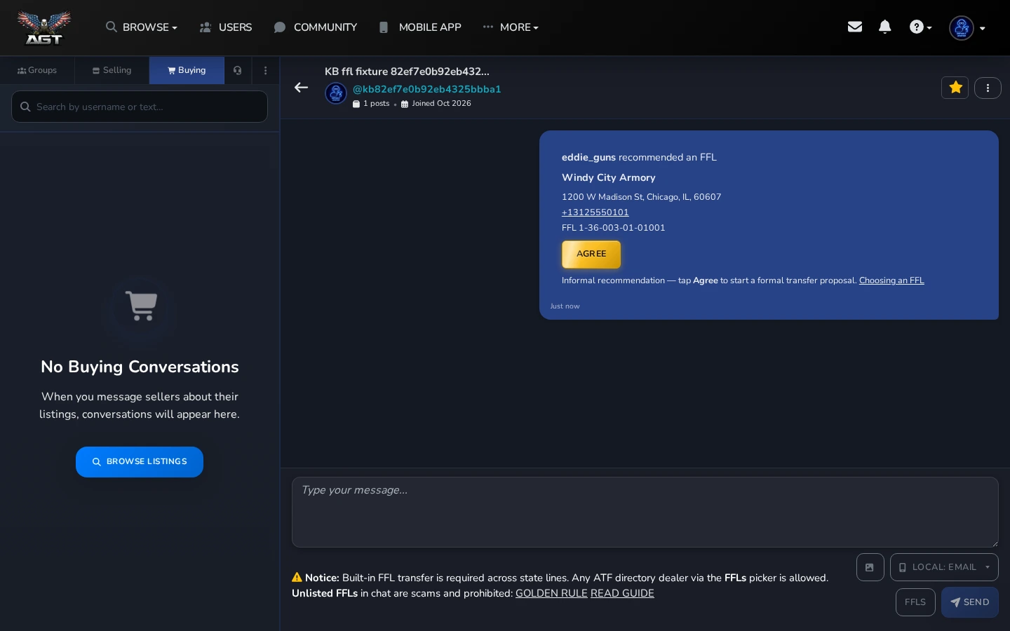 A message thread showing a shared FFL recommendation card, with the Agree button ringed to show where to tap