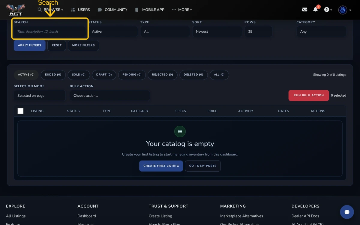 FFL Tools filters, saved views, and inventory table for dealer listings