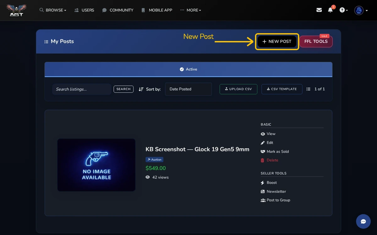 My Posts with tabs, search, and listing actions for active, sold, draft, and pending posts