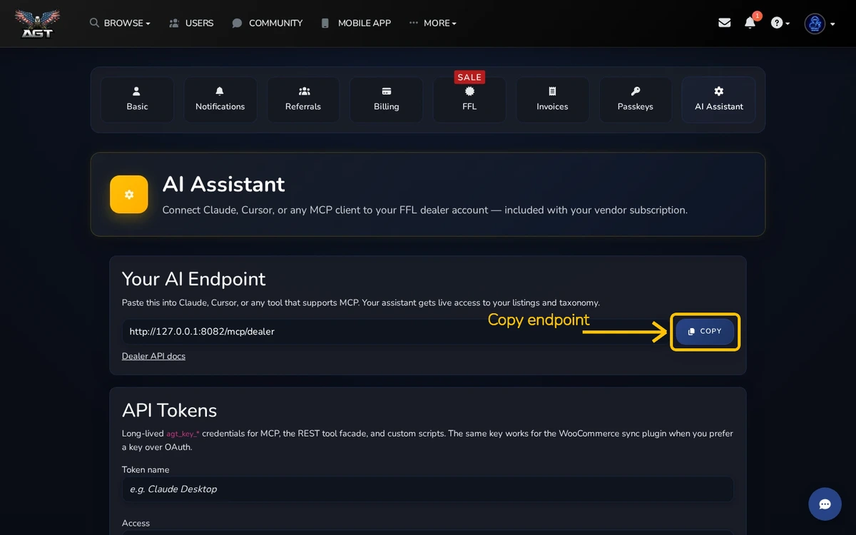 Settings → AI Assistant with the dealer MCP endpoint and key controls