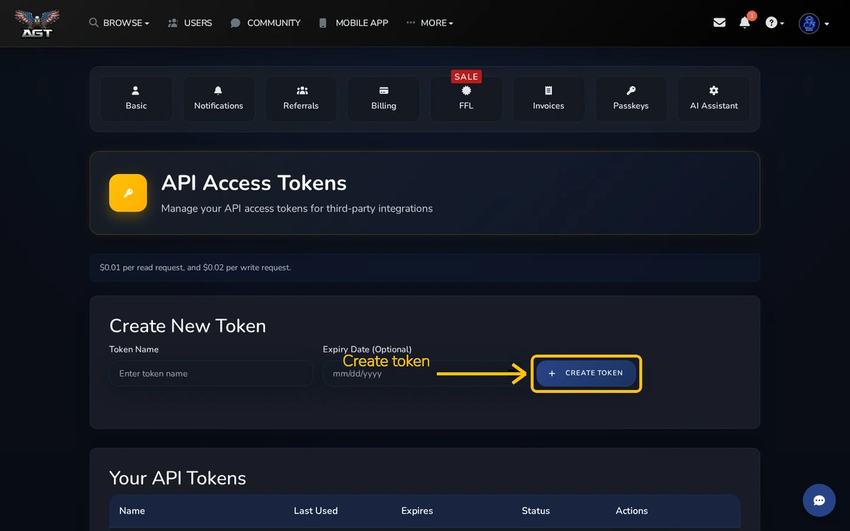 Settings → API Access Tokens with the create-token form shown