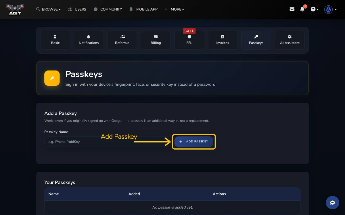 Settings → Passkeys with the Add Passkey controls shown