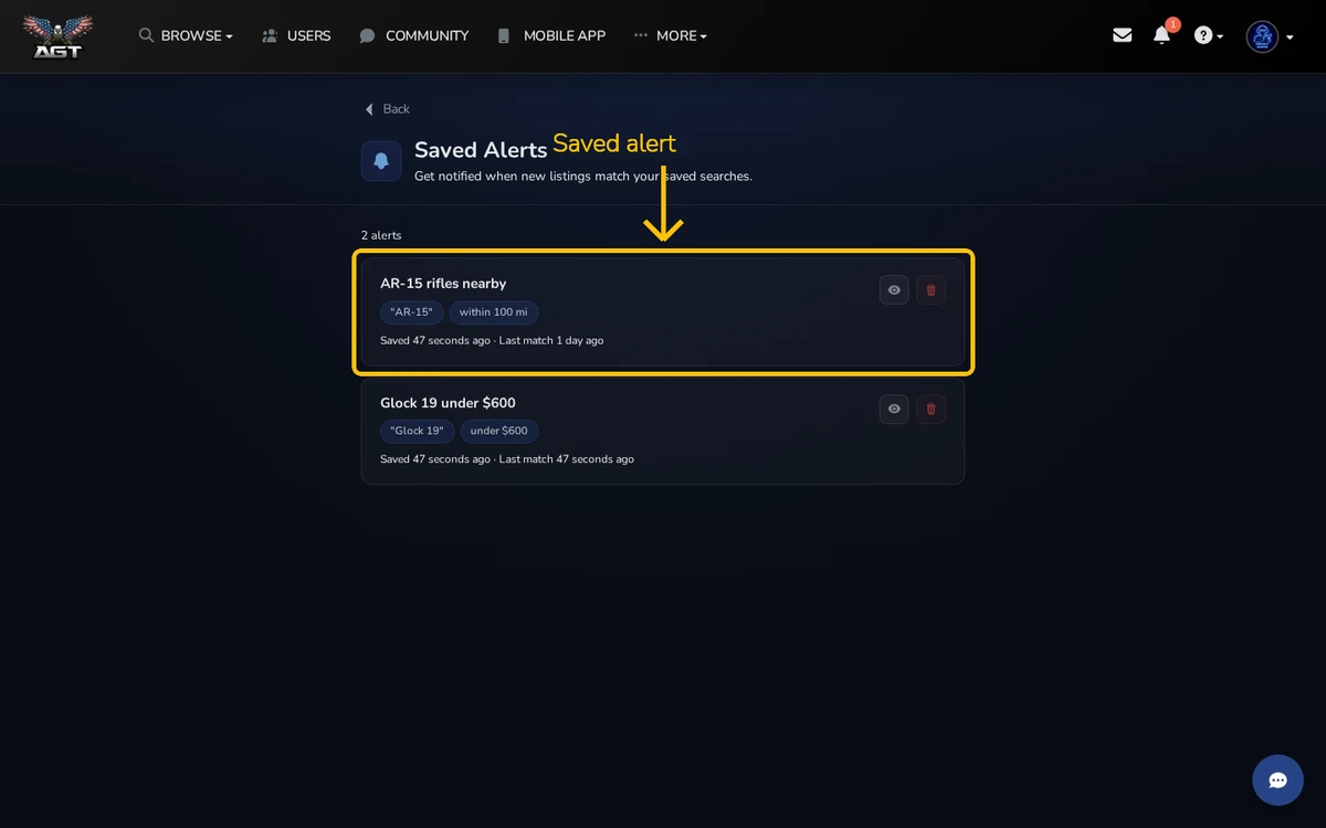 Saved Alerts page for managing matching-listing searches